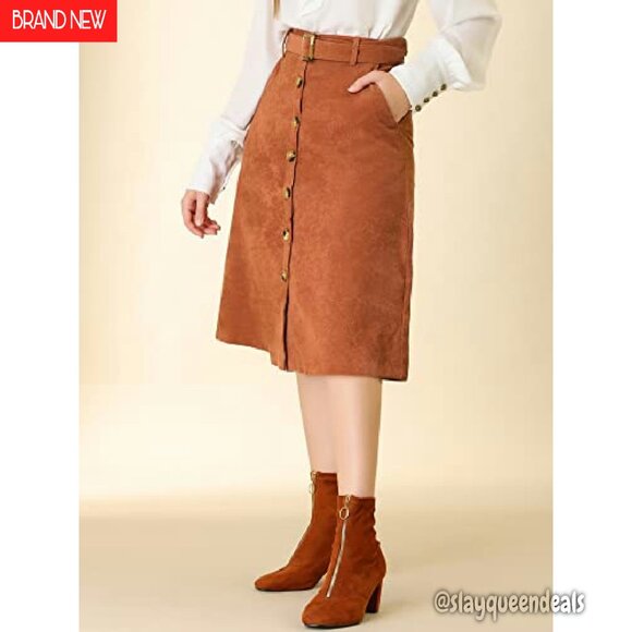 High Waist Corduroy Midi Skirt with Buttons & Belt, A-Line Fit - Picture 5 of 8